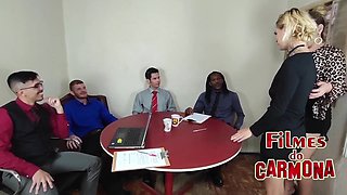 company celebrates the year's profits with an orgy among employees
