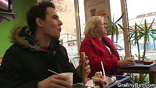 Huge granny swallows his horny cock