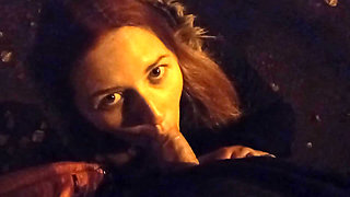 Collegegirl sucked on the street near the house and got cum in her mouth