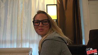 Blonde with glasses Scarlett Jennings fucked and cum sprayed at home