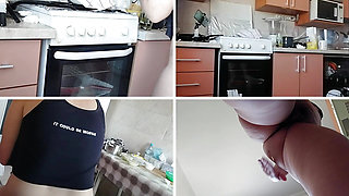 Sexy amateur wife prepares breakfast naked in the kitchen