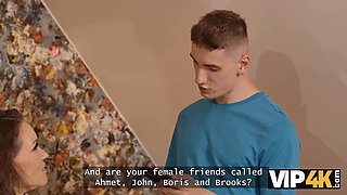 Kristina Grace & Axel Angelise seduce and suck on lucky guy's hard cock in a private bedroom