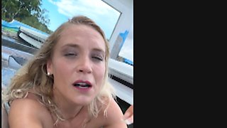 Beautiful blonde enjoys solo pleasure by the pool.
