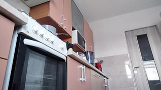 Sexy Naked Wife Preparing Food in the Kitchen. Hairy Brunette, Big Ass, Big Tits.