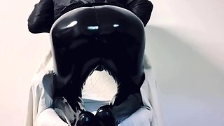 Moaning Shiny latex and nylon guy cock cum 2 times jerking