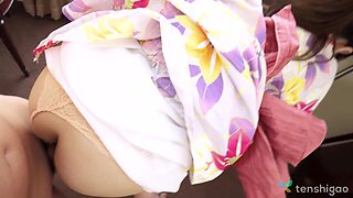 Japanese Aki Igarashi in kimono is about to experience an intense orgasm.