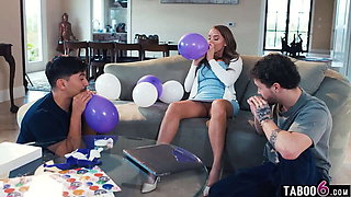 Busty MILF Stepmom Pristine Edge Teases Stepson and Friend with No Panties Upskirt