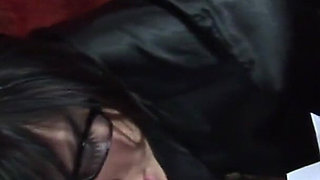 Guy with gloves pounds geeky brunette in stockings on his desk