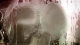 Sexy blonde with big titties, Savannah Gold, wearing fishnet stockings, indulges her food...