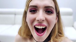 Cum whore quenches her thirst by swallowing multiple loads