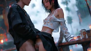 Wet Passion in the Rain: Slender Asian Beauty Loses Control