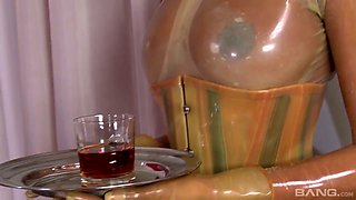 Giant breasted latex queen Lucy Latex sucks dick during MFF threesome