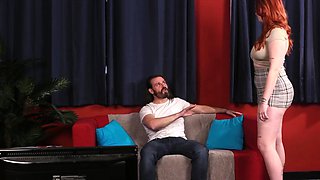 Curvy CFNM redhead hosts jerking circle