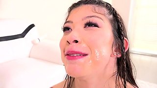 Hot brunette gives bj and titjob before shagging