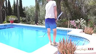 Busty British MILF Keira Seduces Pool Boy for Outdoor Fuck