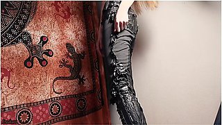 Topless Beauty Pisses Through Her Ruined Leather Trousers