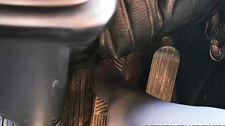 Amateur MILF seductress driving barefoot in pantyhose