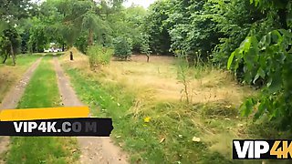 Tattooed Pierced Nipple Brunette Begs Strangers for Woods Fuck