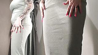 Sweet busty mommy changes clothes and tries on different outfits while touching herself.