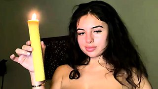 Busty curly brunette with big boobs fucks on couch