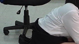 Female Office Worker Teases Boss by Making Him Smell Inside of Shoes, Steamy Pantyhose, Sweaty Feet, Moist Pussy and Asshole