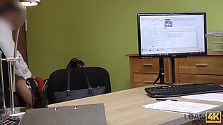 LOAN4K. Russian girl rides loan agents cock in his office
