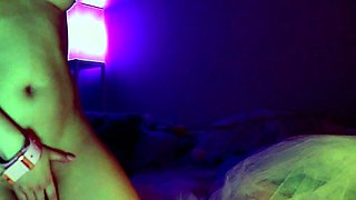 Small titted brunette teen fingering on the bed