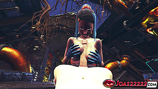 3D Hentai Animation - Busty Girl in Sexy Bodysuit and Blue Latex Gloves Delivers Fetish Handjob Service Cumshot