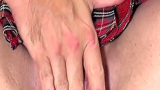 Tartan Skirted Sub Squirting for Fingers and Powerful Wand on and in Her Shaved Pussy