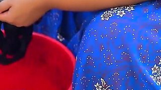 Tamil Aunty Without Blouse with Big Ass, When Washing Blouse Panty Then She Sucked My Cock and Fucked Me