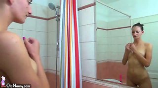 Oldnanny Old and young woman shower and masturbating pussy