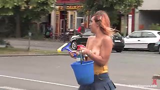 Flexible Redhead Is Bound And Stripped Naked In Public - Kink