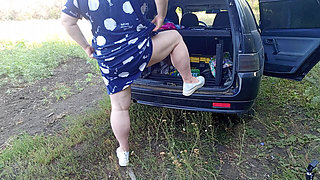 Stepmom Squirts Several Times in a Row Near the Car