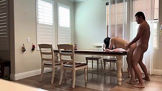 Fucking My Buddy's Wife on the Dining Table While He's Out of Town - Asian MILF Brunette Loud Moaning
