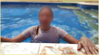 Wifey wet shirt in the pool with perfect braless tits