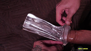 Big Hairy Cock Daddy Fucking A Transparent Fleshlight And Filling It With Cum