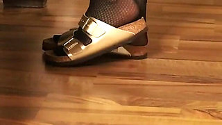 Dangling in Fishnet Stockings - Golden Double Strap Slides