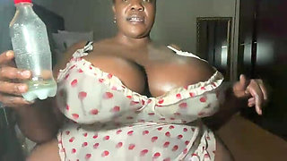 Ebony BBW Sucking Dildo and Bouncing Tits