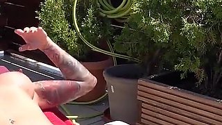 Horny Housewife Play with a Doll Man Outside on Terrace
