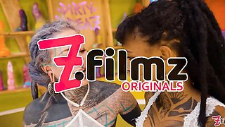 Tattooed lezzie strap-on screw squirting and piss play