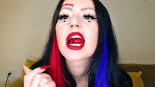 Food fetish. Dominatrix chews gummies. Teeth fetish, chewing fetish