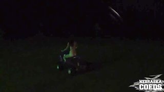 Naked Drunken Girl Maggie Rides On ATV Around The Barn