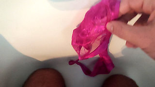 Handjob on the beautiful pink thong my cousin's girlfriend thong tanga panties sperm