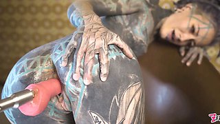 Tattooed Teen investigating fuck machine with her buttfuck - fuck machine, gapes, ejaculation, anal ,goth, punk,alt