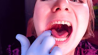 Food Fetish: Mukbang. Eating Popping Candy in Nitrile Medical Nurse Gloves. Teeth Mouth Fetish.