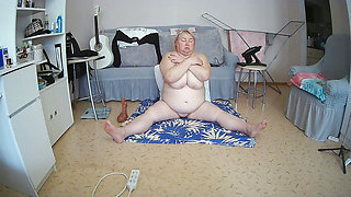 Mother-in-law squeezes her big tits and masturbates her big hairy pussy with sex toys