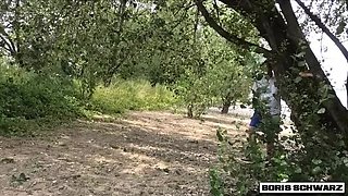 Hot German MILF with big natural tits gets fucked doggy style on public beach - cum in mouth swallow