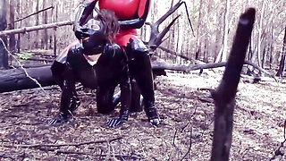Femdom Humiliation Outdoor: Latex Mistress and Rubber Submissive