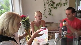 Her birthday ends up with family threesome