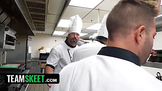 Waitress services the kitchen team with her hooters, pussy, and bootie